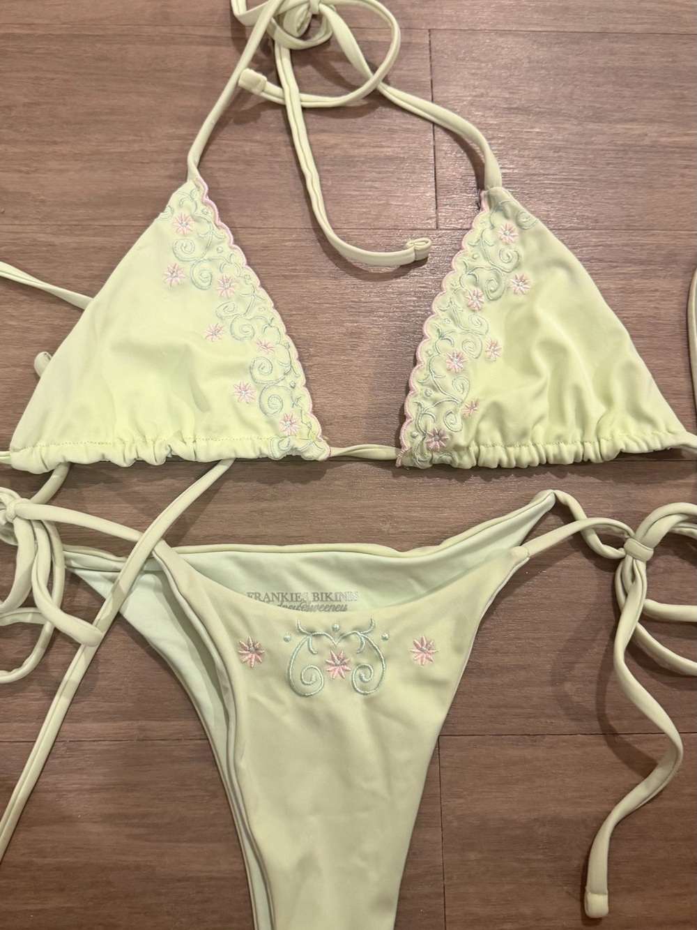 Frankie's Bikinis Pale Yellow Embroidered Bandeau-Style Bikini